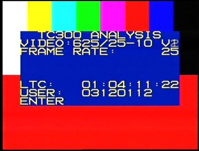 2012_01_12: Astra 19,2°E, 11421 MHZ H, Px: ".1."
Testbild im "BetaDigital"-Transponder auf Astra 19,2°E, 11421 MHz, H, 22000 MBit/s unter der Programmkennung ".1." (aufgenommen am 12.01.2012, 00:57 MEZ (11.01.2012, 23:57h UTC). Es ist ein animiertes Testbild, die Uhrzeit läuft mit 1/25s-Zählung (in MEZ), ebenso die Interlace-Angabe o.r. (wechselt mit jedem Frame zwischen "V1" und "V2" - Bedeutung?)
Schlüsselwörter: TV Satellit satellite digital DVB-S Testbild testcard monoskop Uhrzeit